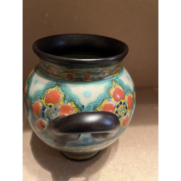 Gouda Holland Art Pottery Borne Orange Blue Ceramic Double Handle Pot 1848 - Picture 3 of 9
